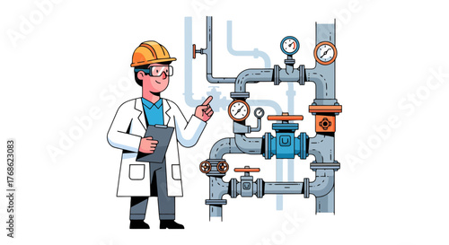Engineer Inspecting Detailed Plumbing System with Gauges and Fixtures, Industrial Design