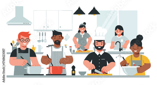Diverse Group Preparing Food Together in Modern Style Kitchen for a Gathering