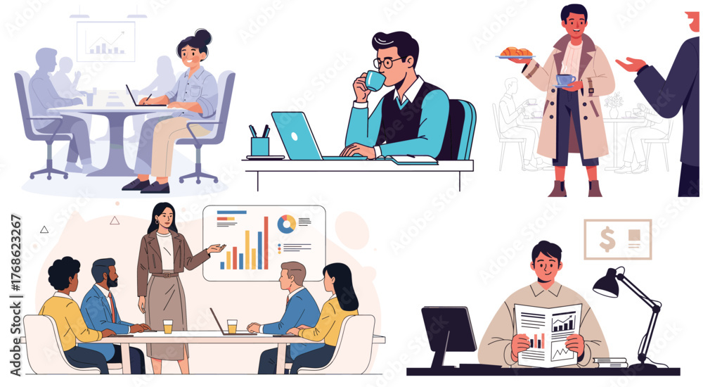 Fototapeta premium A vector set of business illustrations featuring various professionals in the fields of work, collaboration, planning, and productivity.