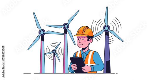 Engineer Inspecting Wind Turbines for Renewable Energy Generation in a Modern Illustration