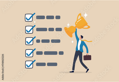 Habits or routine to success, checklist or factors to succeed and achieve goal, winner progress, planning, procedure or process concept, success businessman holding winner trophy with habit checklist.
