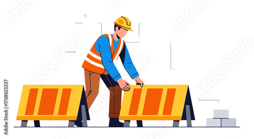 Engineer Installing Safety Barriers for Road Work on a Construction Site