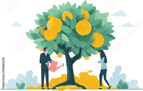 Man and woman watering a tree with oranges