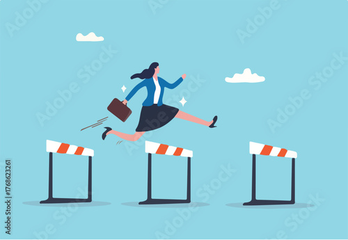Overcome obstacle or challenge, success journey or aspirations, determination, progress or effort to overcome difficulty concept, confidence businesswoman entrepreneur jumping over series of hurdles