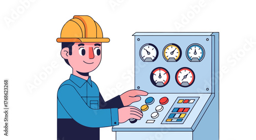 Engineer Monitoring Control Panel in Factory with Gauges and Buttons