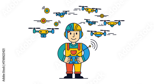 Drone Operator Controlling Multiple Drones in the Air, Illustration on Black Background