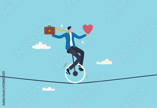 Work life balance, working lifestyle compromise with family or personal health, choice or balance between work stress and relaxation concept, businessman balance himself with heart and briefcase