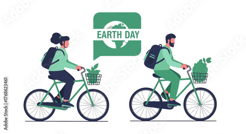 Earth Day Celebration: People Cycling with Plants in the Environment with Green Bicycle