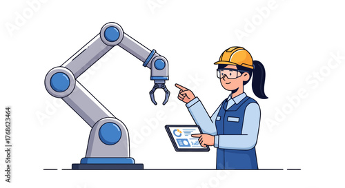 Engineer Supervising Robotic Arm And Analyzing Data On A Tablet Screen Efficiently