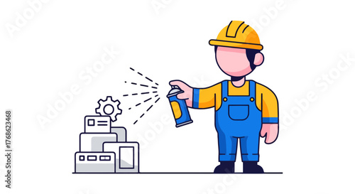 Engineer Spraying Industrial Components With Paint, Cartoon Illustration Against Black
