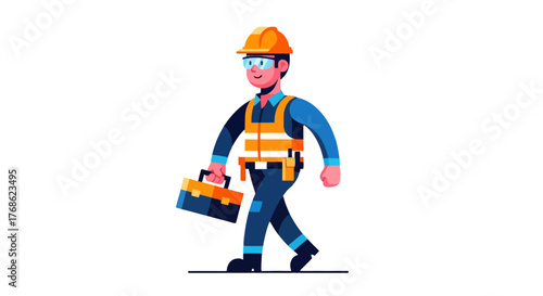 Engineer Walking with Tool Box on His Way Towards a Construction Site Professionally