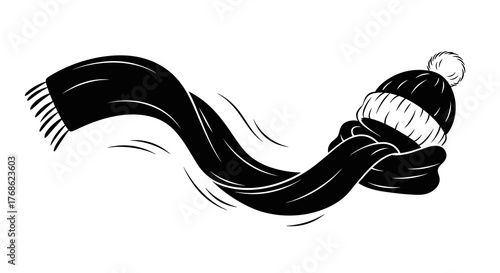 Scarf unwrapping from winter hat in dynamic illustration style  