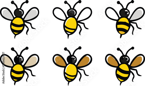 Six Cartoon Bees in Various Poses on White Background