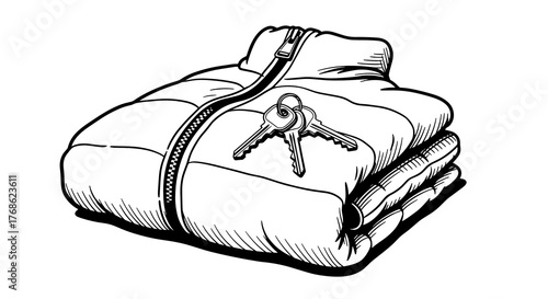 Folded puffer jacket with keys in flat lay composition  