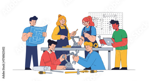 Engineering Team Assembling Robot in Workshop with Tools and Blueprints