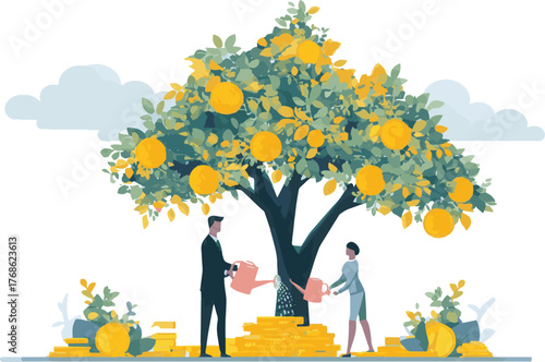 Man and woman watering a money tree with coins