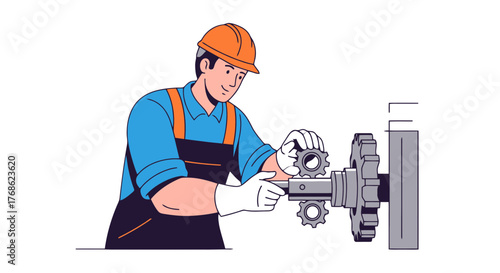 Engineer Working with Gears, Mechanical Process, Repair and Maintenance Illustration