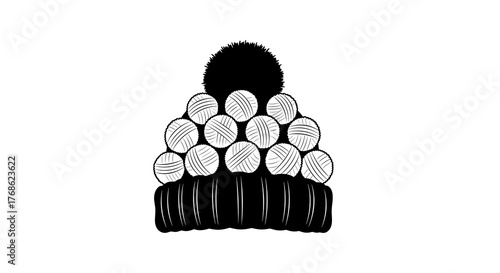 Black pom-pom hat with colorful craft yarn balls on top  