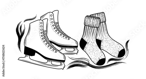 Ice skates and wool socks illustration in black and white style  