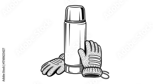Thermos with wool gloves in flat lay composition for winter essentials  