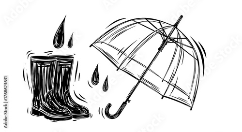 Transparent umbrella and rain boots with drops on white background  