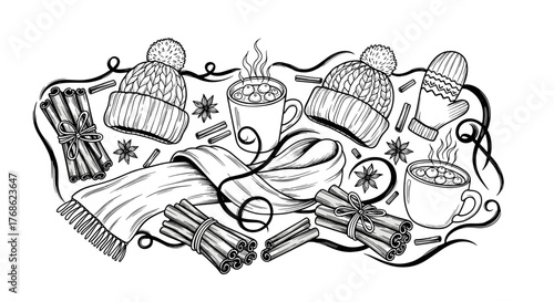 Winter clothes and accessories flat lay composition with cinnamon sticks  