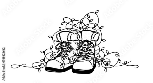 Winter boots wrapped in tangled Christmas lights decoration  