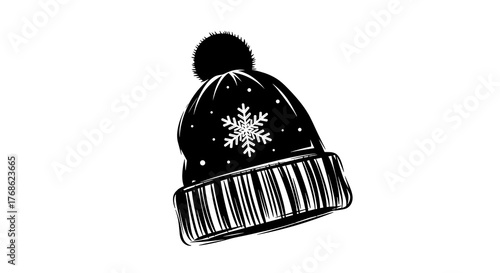 Black winter beanie with snowflake design on white background  