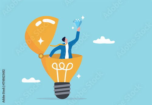 Business value, discover opportunity or benefit from idea, quality measurement or search for brilliant idea worth concept, businessman discover valuable priceless diamond from bright lightbulb idea