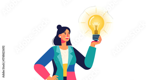 Enlightened Woman Showcasing Innovative Idea With Bright Lightbulb Against Black Backdrop
