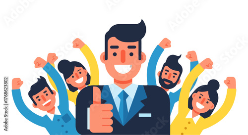 Enthusiastic Team Celebrating, Leader Showing Approval with Others Cheering Victory