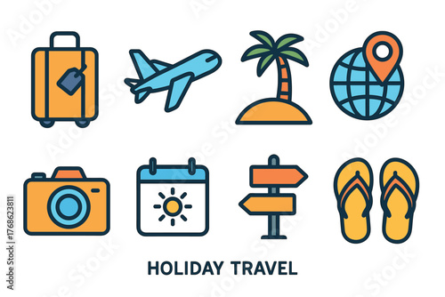 Colorful icons depicting various travel elements including a suitcase, airplane, palm tree, globe with map pin, camera, calendar, signpost, and flip-flops.