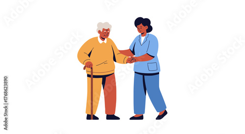 Elderly Individual And Caregiver Illustration Depicting Assistance And Support On Black