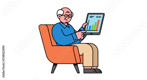Elderly Man Examining Financial Charts On A Tablet Showing Progress and Analysis