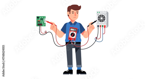 Electrical Technician Examining Electronic Components for Power Supply with Multimeter Device