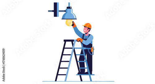 Electrician Changing a Light Bulb on a Ladder in a Visual Illustration