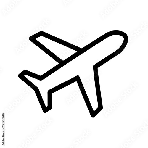 Airplane Outline Travel Icon: Minimal black airplane line icon representing air travel and transportation on a white background.