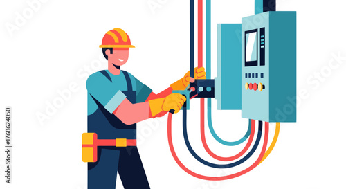 Electrician Working On Distribution Board, Vector Illustration, Graphic Design, Electrical Engineer
