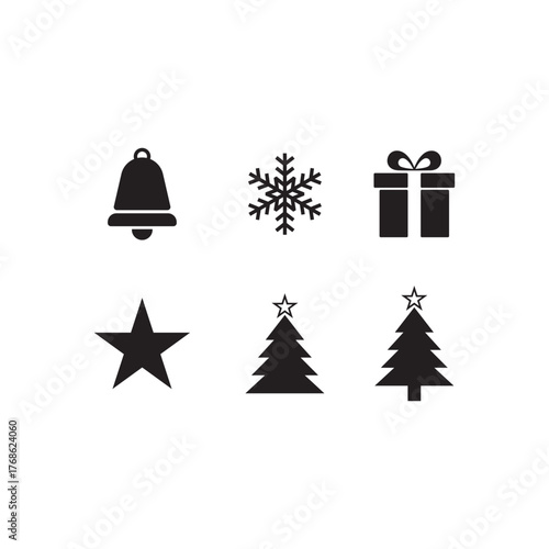 christmas holiday icons set ? bell, snowflake, gift, star, tree silhouettes.eps