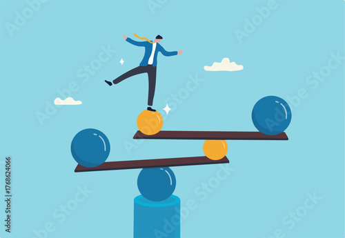 Work life balance, equilibrium or equality, concentration or stability, challenge or risk management concept, confidence businessman balance himself on stable weigh metaphor of life balance