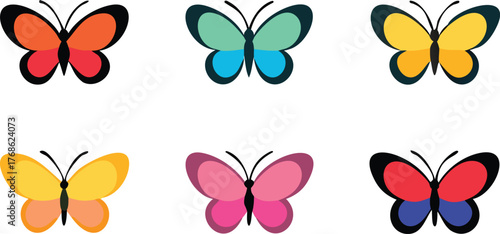 Six Colorful Cartoon Butterflies on a White Background