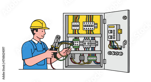 Electrician Working On Panel, Wiring And Technical Details. Vector Line Art Illustration