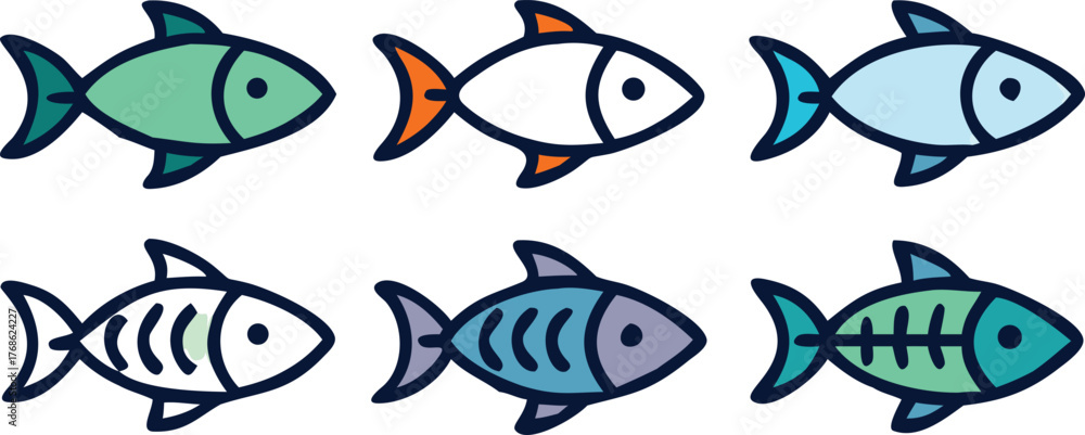 Fototapeta premium Six Colorful Cartoon Fish Illustrations on White Background