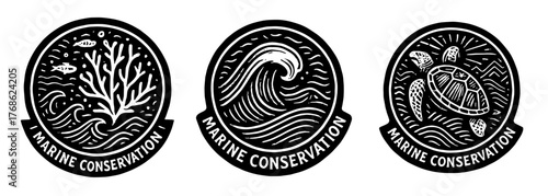 海洋保全シンボルセット、（波・サンゴ・ウミガメ）、Marine Conservation Symbol Set (Wave, Coral, Sea Turtle)