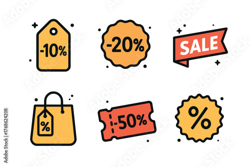 Six colorful discount icons featuring price tags, sale banners, and percentage symbols, commonly used in promotional and marketing materials.