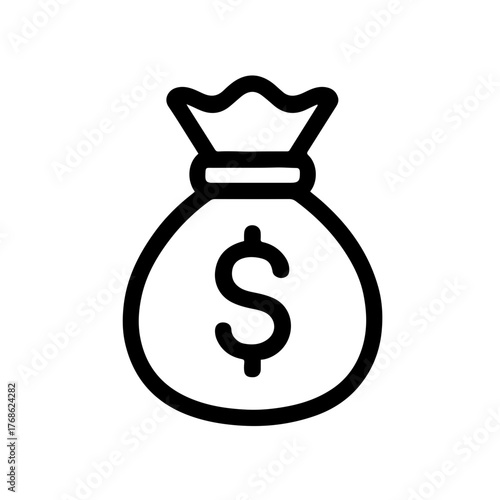 Money Bag Line Icon: Simple black outline of a money bag with dollar sign representing wealth, savings, or profit for business and finance design projects.