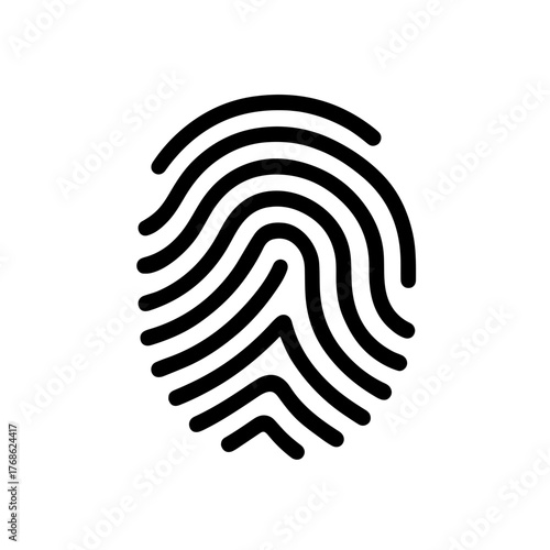 Fingerprint Security Icon Outline: Simple black fingerprint line icon representing digital identity, security, and biometric authentication.