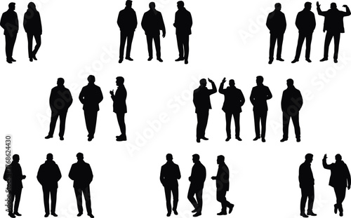 Silhouettes of people interacting, social communication, body language study, human figures, conversation posture, gesture analysis, group dynamics, black silhouettes, minimal design