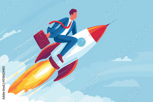 A businessman with briefcase riding a rocket ship soaring through the sky with clouds and contrails