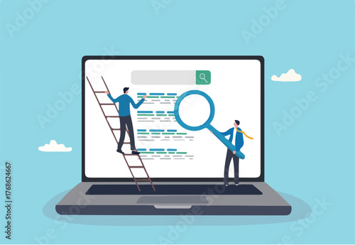 SEO ranking, search engine optimization to improve search result position to be on top and make more traffic to websites concept, businessman marketing team move website ranking on search result page.